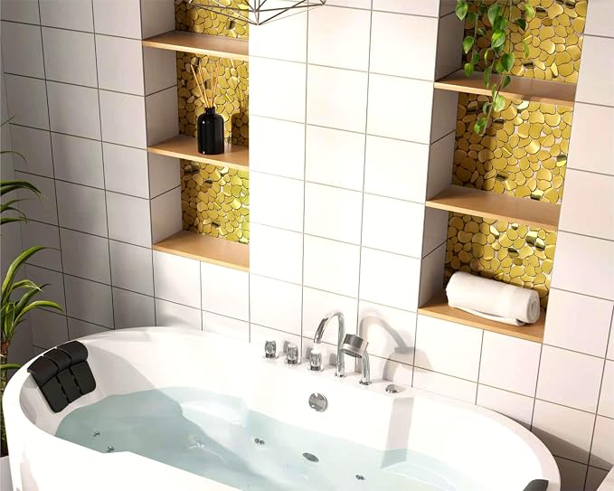 Golden Metal Pebble Mosaic Tiles, 5 Sheets Stainless Steel Backsplash Mesh Mounted, 12×12 Inches Waterproof Metal Tile, Gold Wall Tiles for Kitchen Bathroom Backsplash Shower Stove Backsplash
