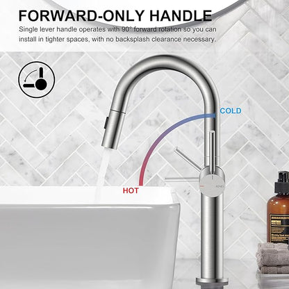 KENES Tall Bathroom Faucets with Pull Down Sprayer, Brushed Nickel Vessel Sink Faucet with Pull Out Sprayer, Single Handle Vanity Faucet 1 Hole with Pop Up Drain & Supply Lines, LJ-9065A