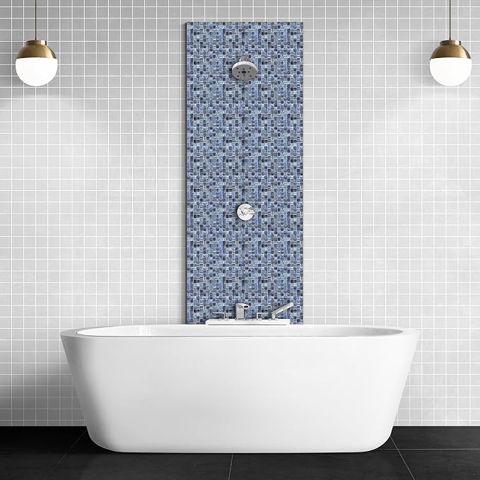 Mesh-Mounted Glass Mosaic Tile Backsplash, 12” x 12” Mixed Blue Wall Glass Backsplash Tile for Kitchen Bathroom Swimming Pool (8 Sheets, 8 sq.ft)