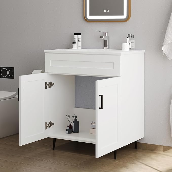 30 Inch Bathroom Vanity with Sink, Modern Wooden Freestanding Bathroom Storage Cabinet with 2 Doors and 1 Drawer, Metal Legs, Painted Surface, White