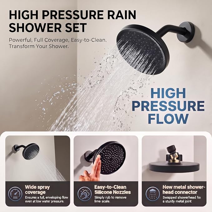 Black Tub Shower Faucet Set - 6 Inch Black Shower Head and Handle Set, High Pressure Bathtub Shower Faucet Set with Rain Shower Head and Tub Spout Single-Spray, Pressure Balancing Valve Included