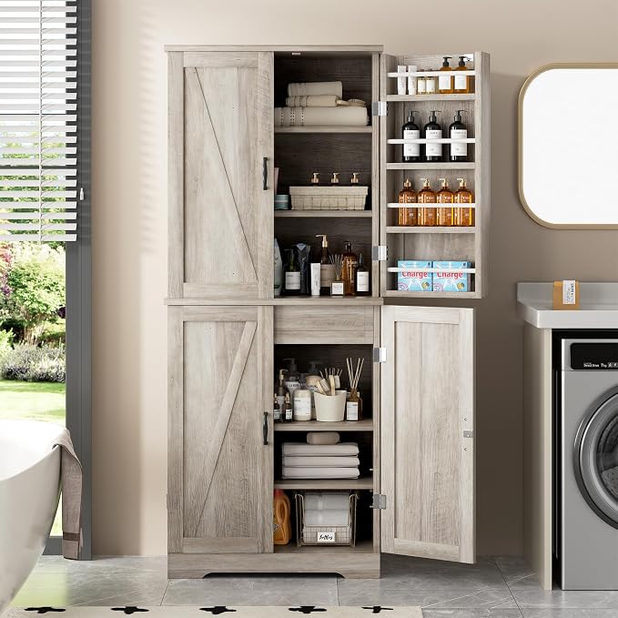 Shintenchi Kitchen Pantry Cabinet, Farmhouse Tall Cupboard, Ash Gray | Freestanding, with 8 Door Shelves, 2 Cabinets and 1 Drawer, for Kitchen, Living Room, Dining Room and Bathroom