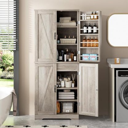 Shintenchi Kitchen Pantry Cabinet, Farmhouse Tall Cupboard, Ash Gray | Freestanding, with 8 Door Shelves, 2 Cabinets and 1 Drawer, for Kitchen, Living Room, Dining Room and Bathroom