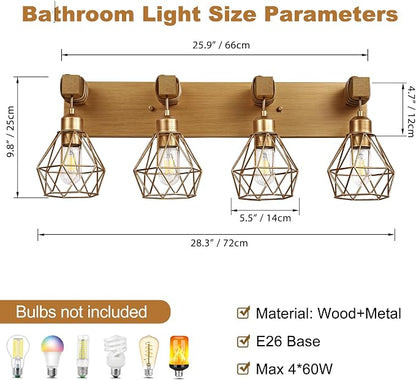 maesta 4 Light Bathroom Vanity Light, Farmhouse Gold Fixture Over Mirror | Farmhouse Bathroom Light Fixtures, Wood & Metal, Anti-Rust, Easy to Install for Rustic Bathroom Hallway