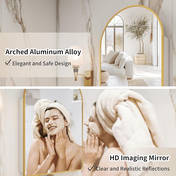 Arched Medicine Cabinet with Mirror Left or Right Opening,Bathroom Medicine Cabinet Wall Mounted,Bathroom Mirror with Storage and Adjustable Shelves,15.7x29.5 Not Recessed,Gold
