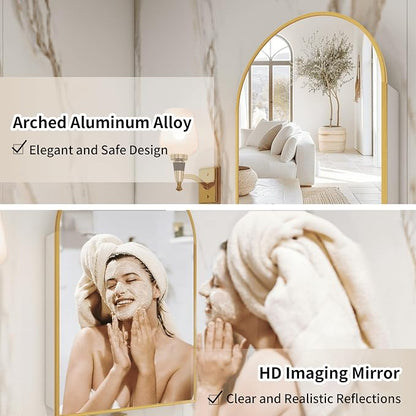 Arched Medicine Cabinet with Mirror Left or Right Opening,Bathroom Medicine Cabinet Wall Mounted,Bathroom Mirror with Storage and Adjustable Shelves,15.7x29.5 Not Recessed,Gold