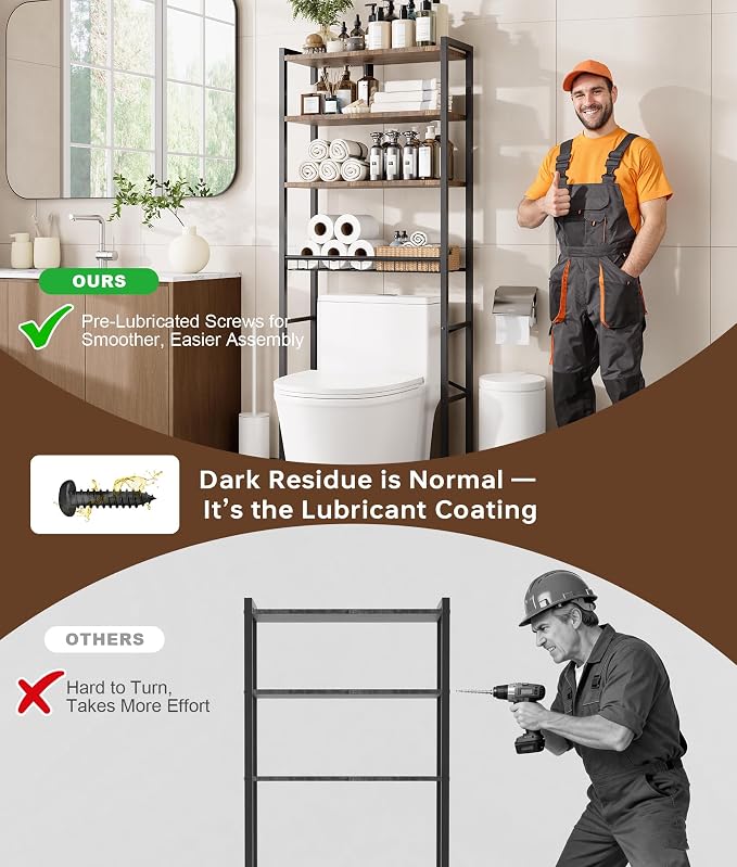 4-Tier Over-the-Toilet Storage Rack with One-Piece Wooden Shelves & Open Net Basket, Bathroom Organizer with Adjustable Feet & Anti-Tip Kit, Space-Saving Toilet Shelf, Brown, 24.4" x 9.4" x 69.3"