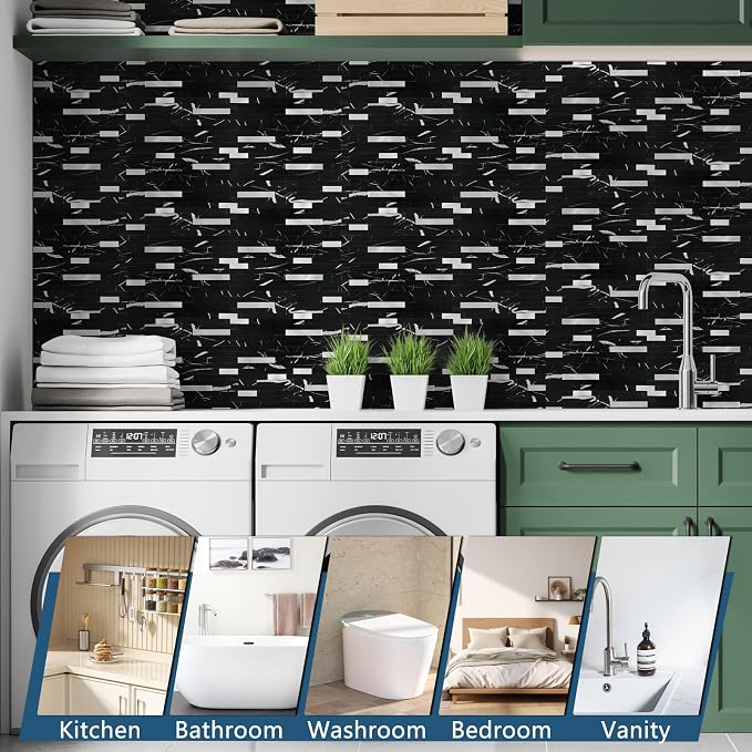 Yipscazo 20 Sheets Peel and Stick Stone Metal Backsplash Tiles, PVC Wall Tiles Stick on Backsplash for Kitchen, Bathroom (6'' X 12'', Black Rock)