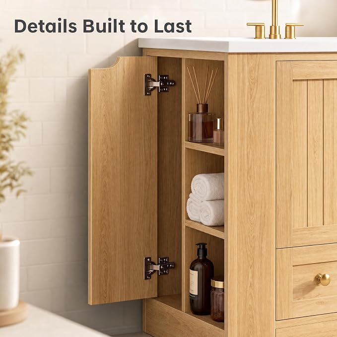IRONCK Bathroom Vanity with Ceramic Sink, 30" Bathroom Cabinet, Natural | Features a Ceramic Sink, 3 Doors, 1 Drawer and Flexible Side Storage for Organized Bathroom Storage