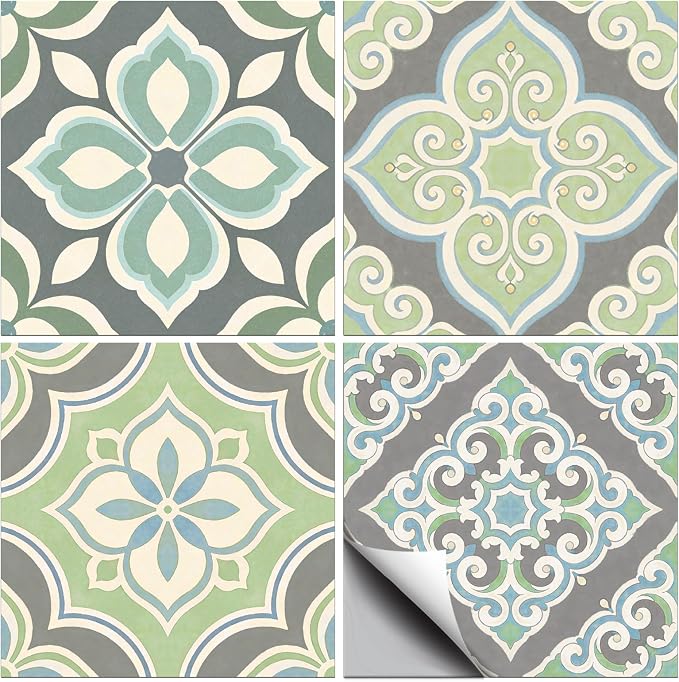 36 Pcs 4 Style Gray Pattern Peel and Stick Tile Sticker, 4x4inch | Cyan Pattern Wall Stickers Waterproof Self Adhesive Stick on Tile Decals for Kitchen Bathroom Art Decor