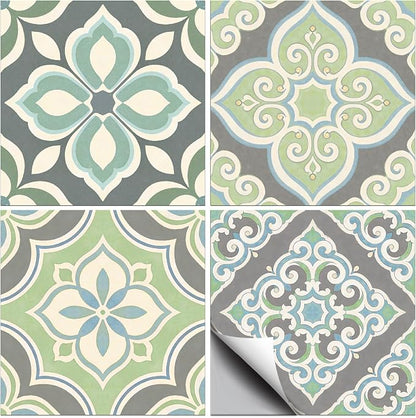 36 Pcs 4 Style Gray Pattern Peel and Stick Tile Sticker, 4x4inch | Cyan Pattern Wall Stickers Waterproof Self Adhesive Stick on Tile Decals for Kitchen Bathroom Art Decor