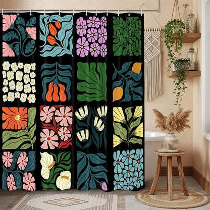 JAWO Retro Shower Curtain Vintage Abstract Boho Floral Shower Curtains for Bathroom Decor Black Blue Botanical Geometric Groovy Aesthetic Pattern Shower Curtain Sets with Hooks, 90X70IN