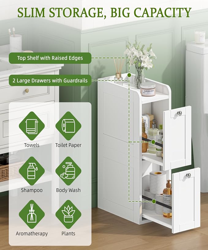 Keehusux Slim Bathroom Storage Cabinet with 2 Slide Out Drawers, White | Narrow Storage Organizer, Anti-drop Guardrail, Freestanding Toilet Paper Holder for Kitchen Corner and Small Spaces, Modern