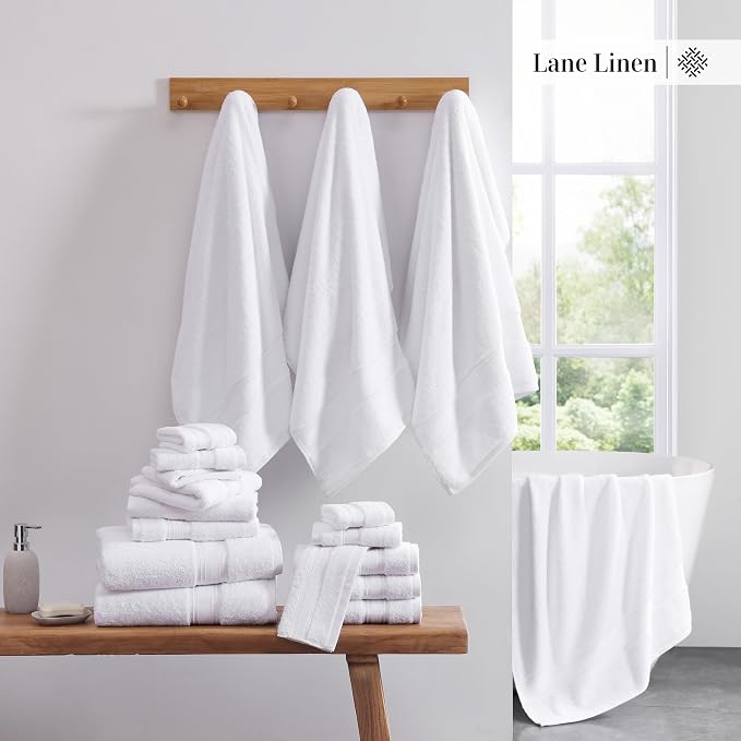 LANE LINEN Bath Towel Set 100% Cotton 3 Piece Soft Absorbent - White | Oeko-Tex Bath Towels - Zero-Twist Cotton, Terry Weave Comfort, Long-Lasting Comfort, Hotel-Style Look, Machine Washable
