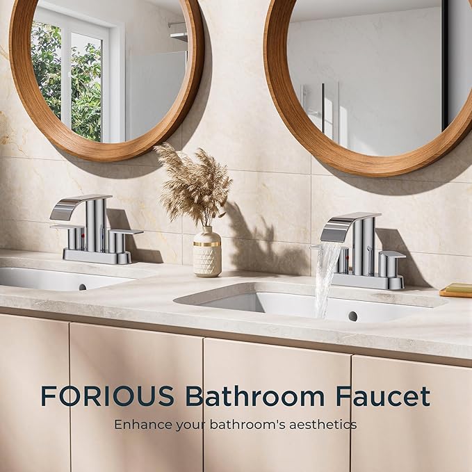 FORIOUS Chrome Bathroom Sink Faucet, Waterfall 4 Inch Centerset Bathroom Faucets with Metal Pop up Drain and cUPC Hose for Basin,Vanity, RV, Pedestal 2 or 3 Hole Sink