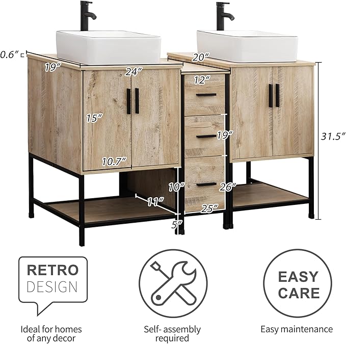 UEV Rustic 60" Double Sink Bathroom Vanity with Sink Combo,Industrial Iron Frame Bathroom Cabinet Sets with Middle 3 Drawers Cabinet (Rustic Oak, 031WH)