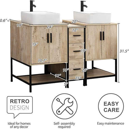 UEV Rustic 60" Double Sink Bathroom Vanity with Sink Combo,Industrial Iron Frame Bathroom Cabinet Sets with Middle 3 Drawers Cabinet (Rustic Oak, 031WH)