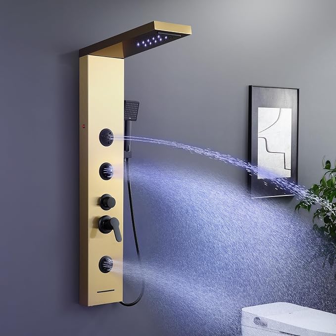 ROVATE 6 in 1 LED Rainfall Waterfall Shower Panel Tower System Brushed Gold | Stainless Steel Shower Column with 2-Setting Body Jets, Waterfall Tub Spout and Flexible Handheld, Water Flow Adjustable