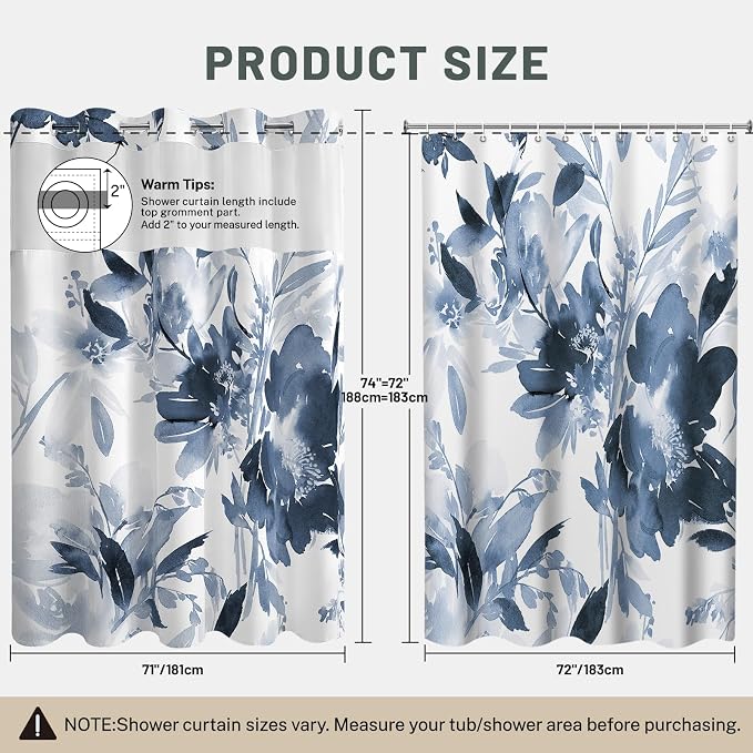 No Hook Floral Shower Curtain with Liner, Aqua Blue, 71x74 | Snap in Liner, 3 in 1, Water Repellent, Easy Install, Machine Washable, Hotel Style for Bathroom, Watercolor Pattern