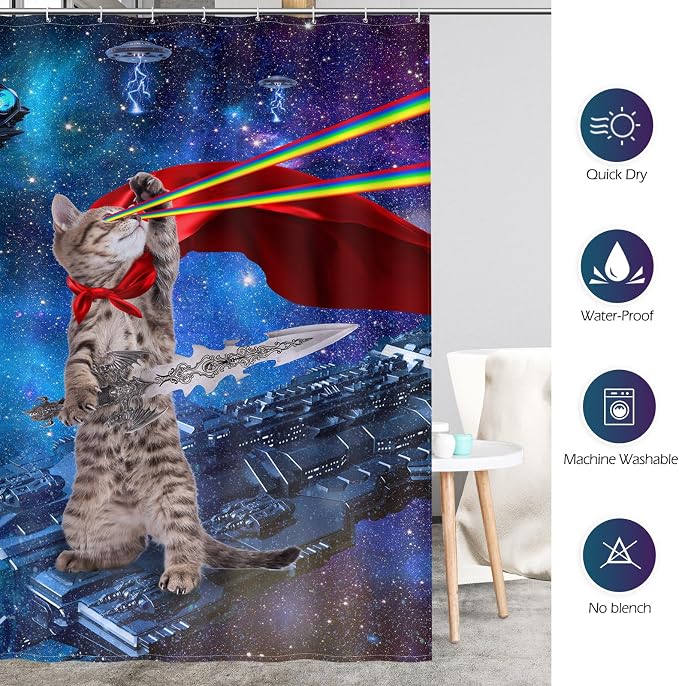 Aimego Stall Small Shower Curtain - Funny Cool Cute Cat on Fantasy Outer Space Galaxy Universe UFO Narrow Half Fabric Cloth Shower Curtain Set for Bathroom Decor Accessories Bath Curtain, 36"x72"