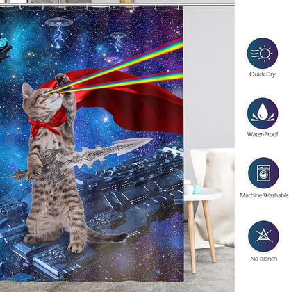 Aimego Long Funny Shower Curtain - Cute Cool Cat on Fantasy Outer Space Galaxy Universe UFO Fun Fabric Cloth Shower Curtain Set with 12 Hooks for Bathroom Decor Accessories Bathtub Curtain, 72"x78"