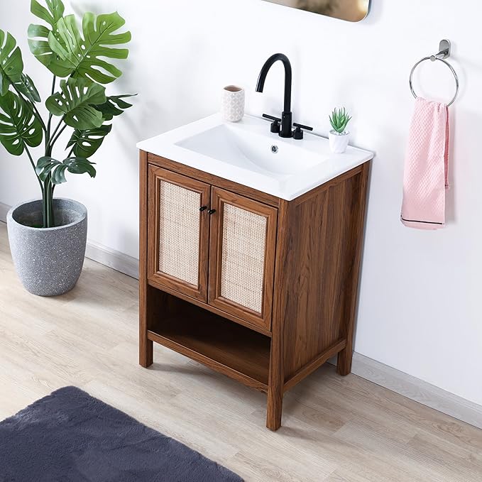 JONATHAN Y VAN1023B Jasper 24 in. W x 18 in. D x 33 in. H Rattan Modern Coastal 2-Shelf Bathroom Vanity Cabinet Only with Soft Closing Doors (Sink Basin Not Included), Walnut