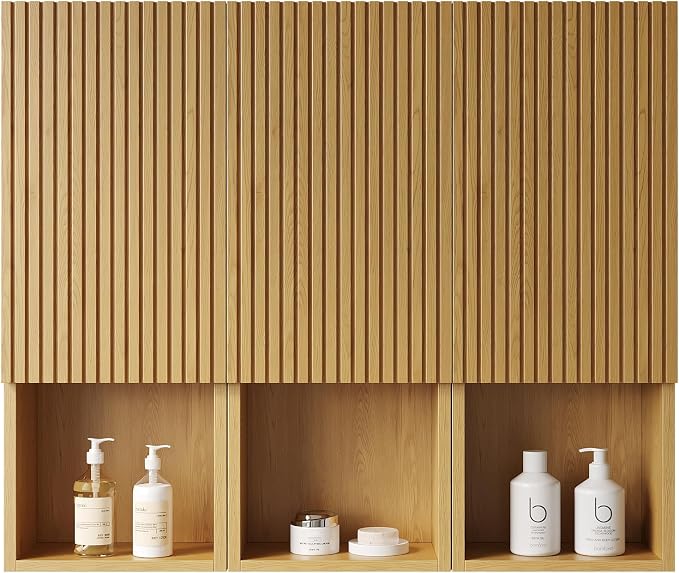 KEIKI Bathroom Wall Cabinet with Soft-Close Doors & Open Shelf, Golden Oak | Premium Wood Medicine Cabinet, Floating Storage Cabinet for Bathroom Kitchen Laundry Room