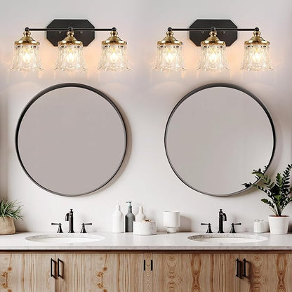 Vintage Bathroom Vanity Light Fixtures, Black and Gold 3-Light Vanity Light, Antique Bathroom Lighting Fixtures Over Mirror with Crystal Glass Shade, Vanity Lights for Bedroom Living Room Hallway