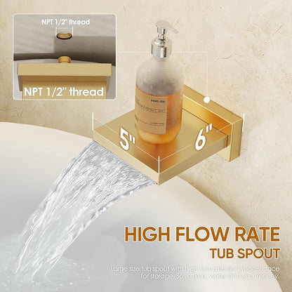 Gold Tub Shower System with 12" Rain Head, Handheld & Valve Kit | All-Metal Tub Shower Faucet Set, Wall Mounted Rain Showerhead, Handheld Spray, Includes Valve and Trim Kit, Brushed Gold