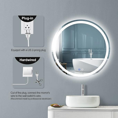 24" LED Bathroom Mirror Round Vanity Mirror, Anti-Fog, Dimmable, 3 Color Temperature, Memory Function Led Wall Mirror for Bathroom, Vanity, Shaving (Vertical/Horizontal)