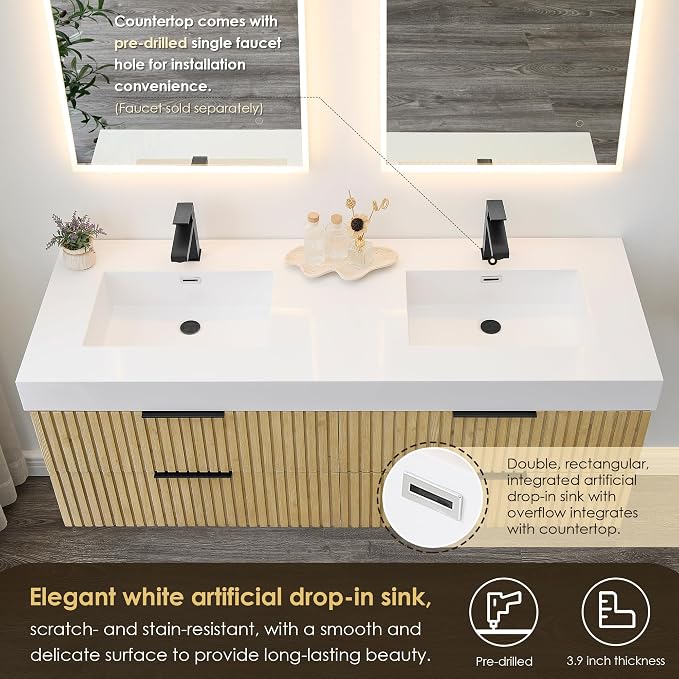 60 Inch Floating Sink Bathroom Vanity Wall Mount Double Vanities with Top | Pre-Assembled, Sturdy Solid Wood, Modern Vanity, Ceramic Sink, Large Storage Cabinet, Soft Closing Doors, Dovetail Drawers