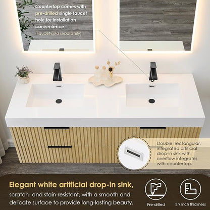 60 Inch Floating Sink Bathroom Vanity Wall Mount Double Vanities with Top | Pre-Assembled, Sturdy Solid Wood, Modern Vanity, Ceramic Sink, Large Storage Cabinet, Soft Closing Doors, Dovetail Drawers