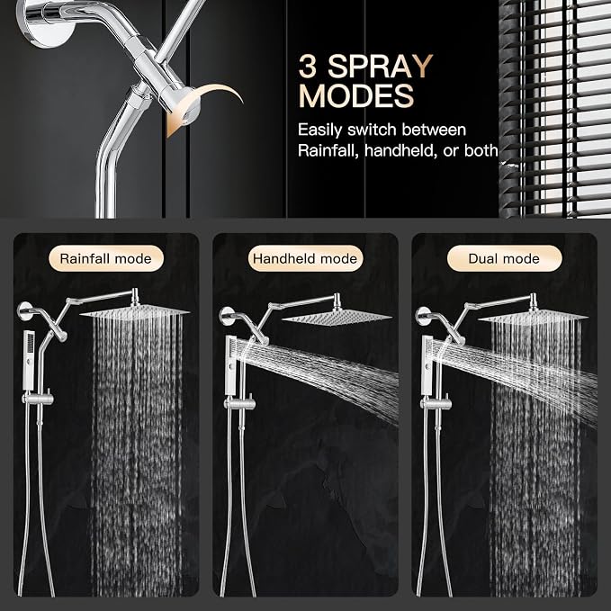 All Metal 12" Shower Head with Handheld, Built-in Power Jet Mode | Luxurious, Square, Rain Shower Heads with Spray Combo Set, High Pressure, Dual, Rainfall, with Extension Arm, Chrome