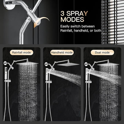 All Metal 12" Shower Head with Handheld, Built-in Power Jet Mode | Luxurious, Square, Rain Shower Heads with Spray Combo Set, High Pressure, Dual, Rainfall, with Extension Arm, Chrome