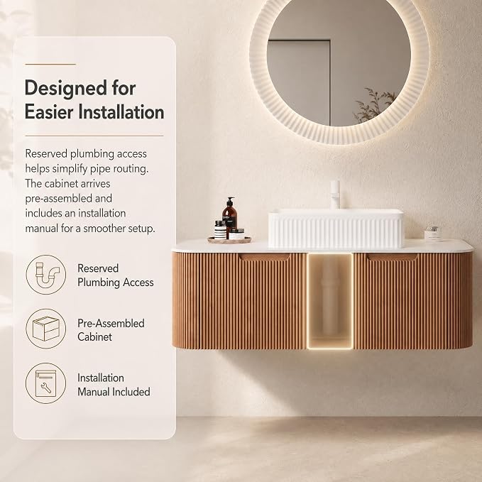 48 Inch Bathroom Vanity with Sink, Floating Wall Mounted Single Sink Vanity, Natural Woodgrain Curved Fluted Front, Stone Top, White Textured Rectangular Vessel Basin, Pre-Assembled