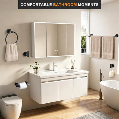 5 Piece Matte Black Bathroom Hardware Accessories Set, 24" Towel Bar Set | Bathroom Towel Rack Set with Wall Mounted SUS304 Stainless Steel , Double Post Toilet Paper Holder, Towel Ring & Robe Hooks