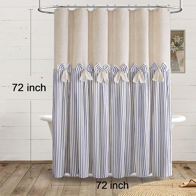 Farmhouse Shower Curtain Linen Bow Pleated Blue Stripe 72"W x 72"L | Farmhouse Style, Chic Bow, Striped, Linen Fabric, Rustic, Country, Natural Look, Washable, for Bathroom Bathtub
