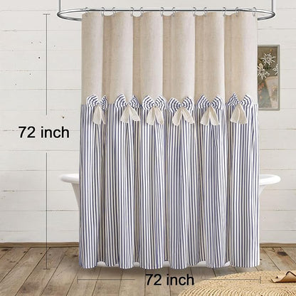 Farmhouse Shower Curtain Linen Bow Pleated Blue Stripe 72"W x 72"L | Farmhouse Style, Chic Bow, Striped, Linen Fabric, Rustic, Country, Natural Look, Washable, for Bathroom Bathtub