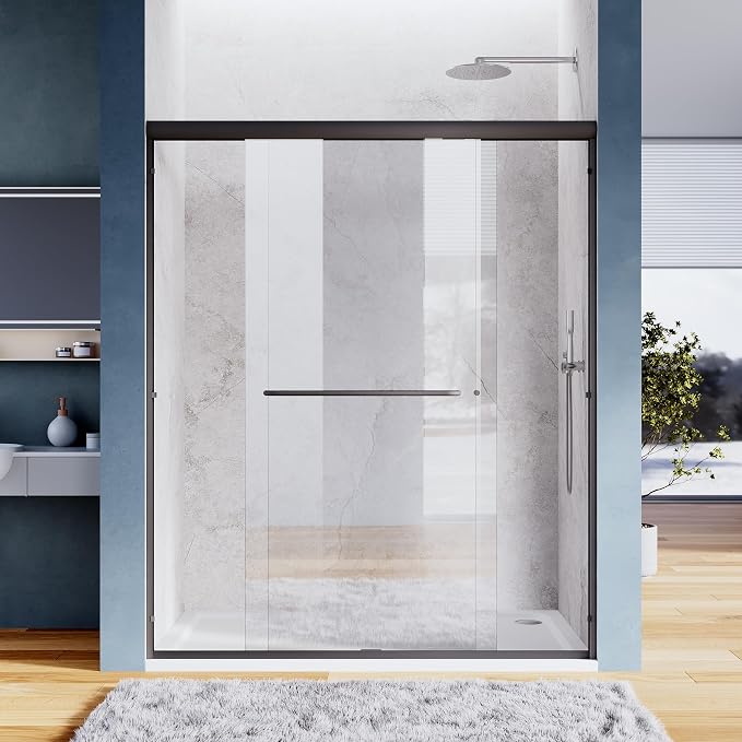 SUNNY SHOWER Glass Shower Door Frameless Double Sliding Shower Glass Door, 1/4 inch Clear Glass Shower Panel, Stainless Steel Hardware, Bathroom Sliding Door, Black Finish 46.5-48 in.W x 72 in.H