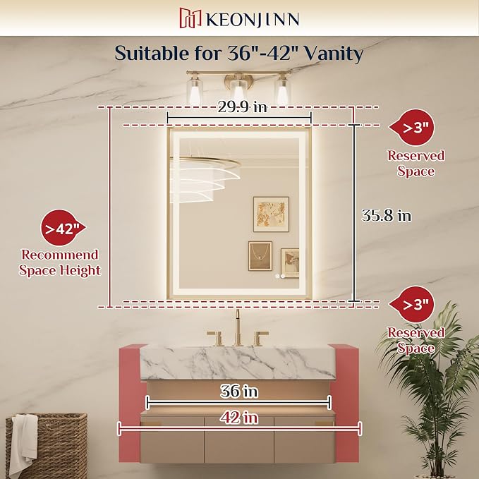 Keonjinn 30x36 Inch Gold LED Bathroom Mirror with Light, Frontlit & Backlit | Beveled Edge, Lighted Bathroom Mirror, HD Tempered Glass, 3 Color Temperatures, Anti-fog, Stepless Dimmable