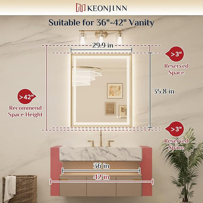 Keonjinn 30x36 Inch Gold LED Bathroom Mirror with Light, Frontlit & Backlit | Beveled Edge, Lighted Bathroom Mirror, HD Tempered Glass, 3 Color Temperatures, Anti-fog, Stepless Dimmable