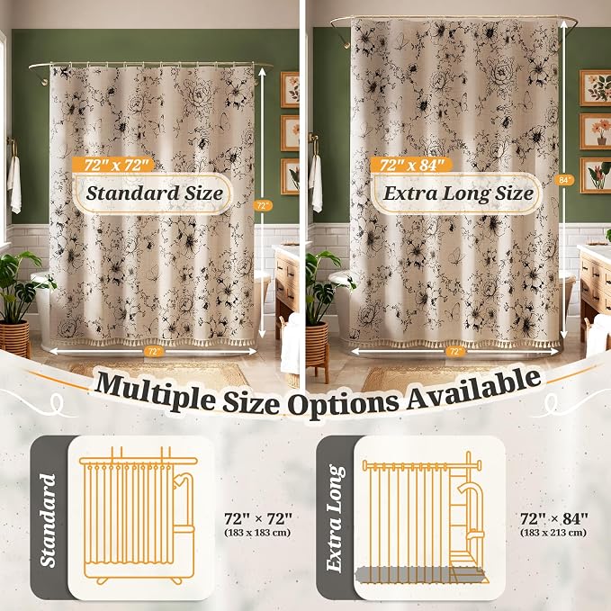 Vintage Black Floral Shower Curtain with 12 Clear Rings - 72" W x 72" L | Farmhouse Fabric Faux Linen Shower Curtain Set, French Country Cottagecore Style Shower Curtain for Bathroom