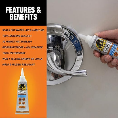 Gorilla 100% Silicone Caulk, Waterproof Sealant, 2.8oz Squeeze Tube (Pack of 1) – Clear -10 Year Mold Resistant Kitchen, Window, Bath, Marine, Door and More