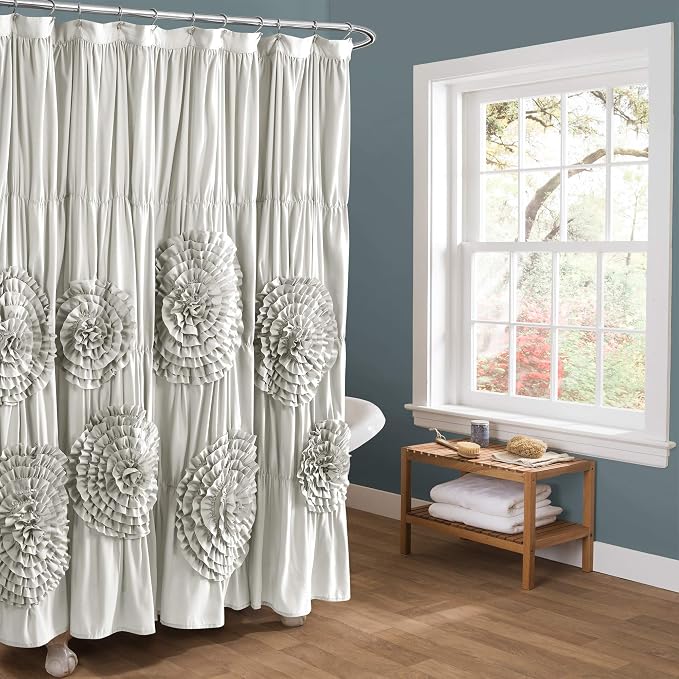 Lush Decor Serena Shower Curtain, 72" W x 72" L, Light Gray - Ruffled Bathroom Curtain - Gray Fabric Shower Curtains - Coquette Decor