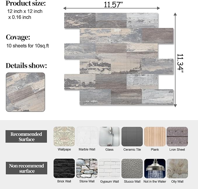 2026 New Upgrade Peel and Stick Backsplash Tile, Peel and Stick 11.34" X 11.57" Wall Tile for Kitchen, Bathroom, Fireplace, Laundry (Light Rustic, 20 Packs)