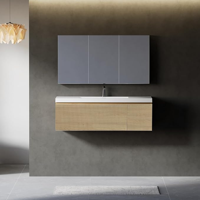 48" Floating Bathroom Vanity with Sink, Wall-Mounted Modern Oak Storage Cabinet, Wave-Textured Soft-Close Drawer & Glossy White Solid Surface Basin, Natural Oak