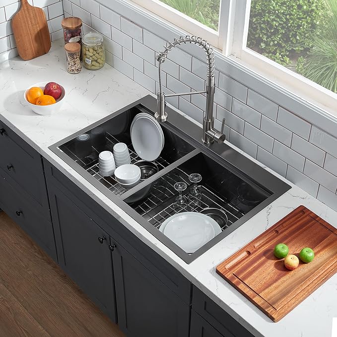 KINGO HOME 33x22 Double Bowl Kitchen Sink 33 Inch Black, Stainless Steel Drop in Double Basin Kitchen Sinks, Topmonut 50/50 Framhouse Sinks Workstation Sink with Accessories