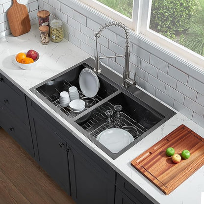 KINGO HOME 33x22 Double Bowl Kitchen Sink 33 Inch Black, Stainless Steel Drop in Double Basin Kitchen Sinks, Topmonut 50/50 Framhouse Sinks Workstation Sink with Accessories