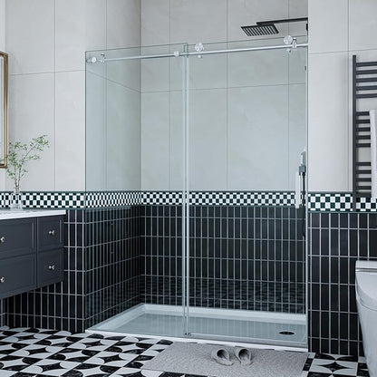 Frameless Sliding Shower Door 56–60 inch W x 76 inch H, Sliding Shower Door with Fixed Panel, Stainless Steel Round Rail, 8mm Tempered Glass with Coating, Single Sliding Shower Door, Brushed Finish