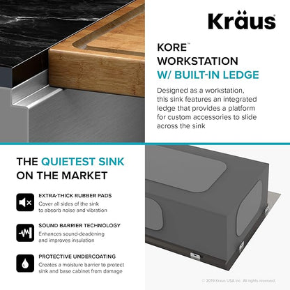 KRAUS Kore Workstation 27-inch Undermount 16 Gauge Stainless Kitchen Sink, Single Bowl Kitchen Sink with 3/4 HP Garbage Disposal, KWU110-27-100-75MB